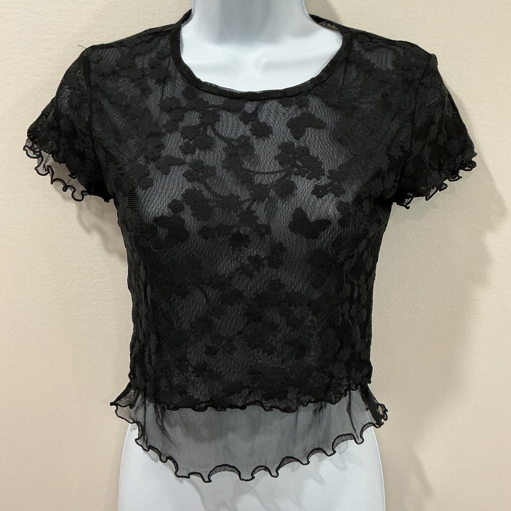 Black Sheer Lace‎ Top Floral Embroidered Whimsigoth Fairy Grunge Romantic Goth S